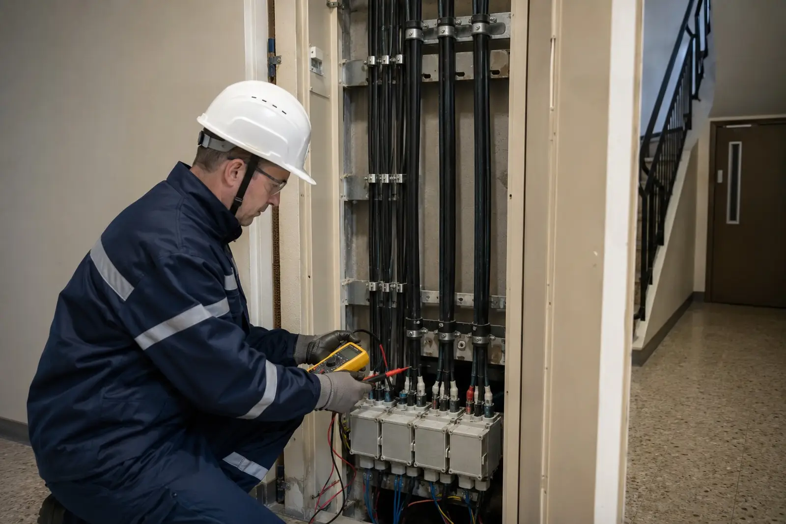 Technicien contrôlant un tableau de raccordement électrique